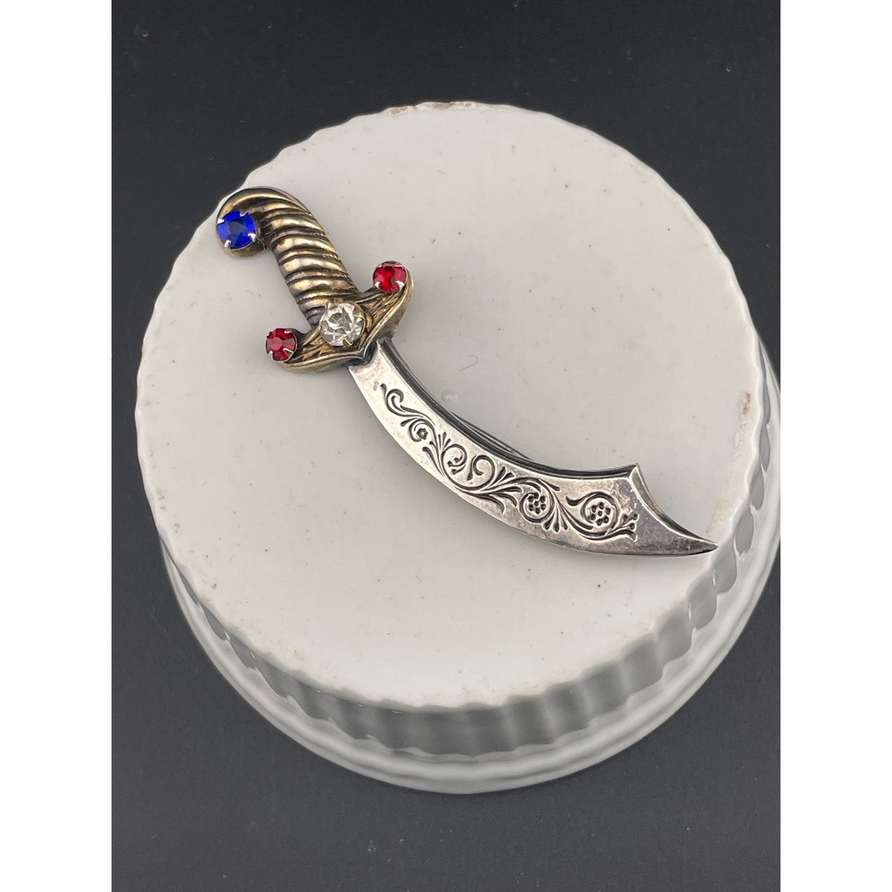 Vintage Sterling Silver Sword Brooch Curved Dagger Scimitar Rhinestone Hilt Pin - Picture 1 of 11